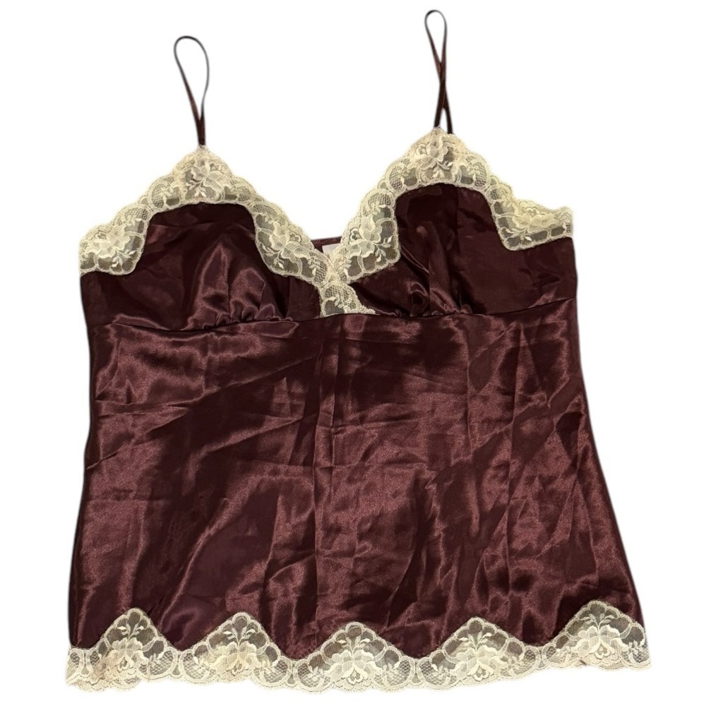 VINTAGE FRENCH DRESSING Brown Satin Cream Lace Camisole Tank Top size L Y2K 90’s